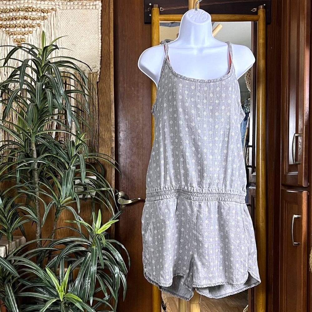 Level 99 Romper Women L Gray Floral Lyocell Linen Tie Strap Open Back Boho Beach